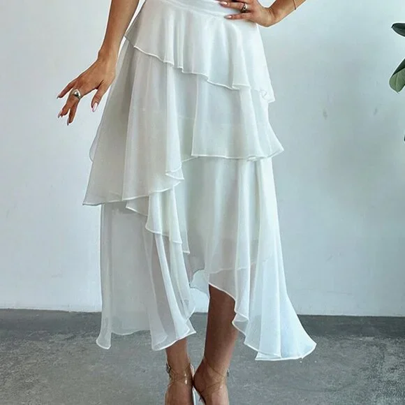 Beige Elegant Women's Multi-Layered Ruffle Trim Cake Skirt For - Picture 3 of 6